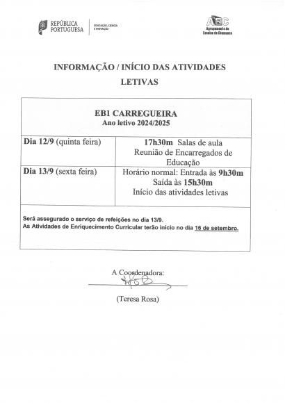 Informa&ccedil;&atilde;o/ inicio das atividades letivas EB1 Carregueira  2024/2025