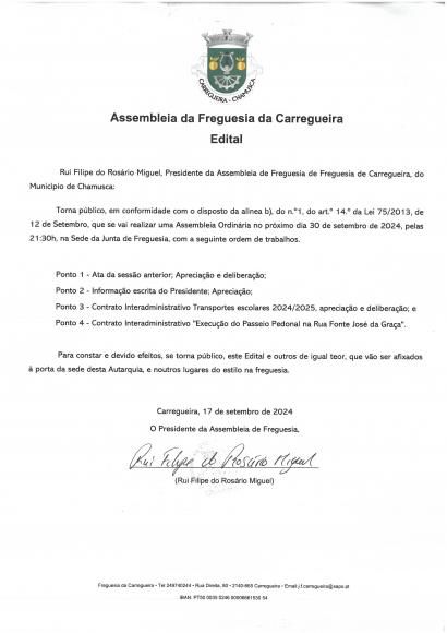 Sess&atilde;o Ordin&aacute;ria da Assembleia de Freguesia 30-09-2024