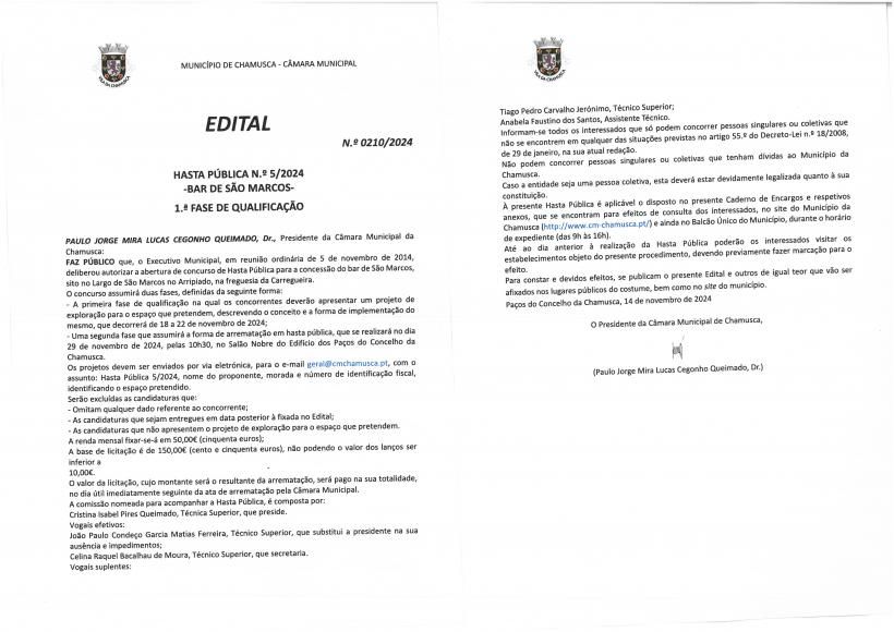 Edital n.&ordm; 0210/2024- Hasta P&uacute;blica n.&ordm; 5/2024- Bar de S&atilde;o Marcos ( 1&ordf; fase de qualifica&ccedil;&atilde;o)
