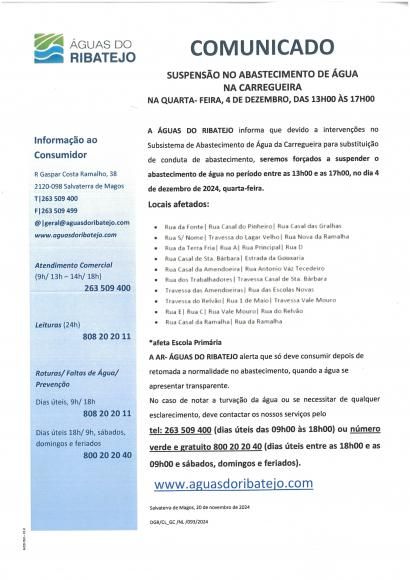 Comunicado &Aacute;guas do Ribatejo- Carregueira 4 Dezembro 2024
