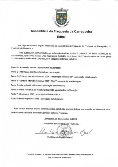 Edital Sess&atilde;o Ordin&aacute;ria da Assembleia de Freguesia 27/12/2024