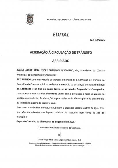 Edital  n.&ordm; 4/2025 do Munic&iacute;pio da Chamusca-  Altera&ccedil;&atilde;o circula&ccedil;&atilde;o Tr&acirc;nsito Arripiado
