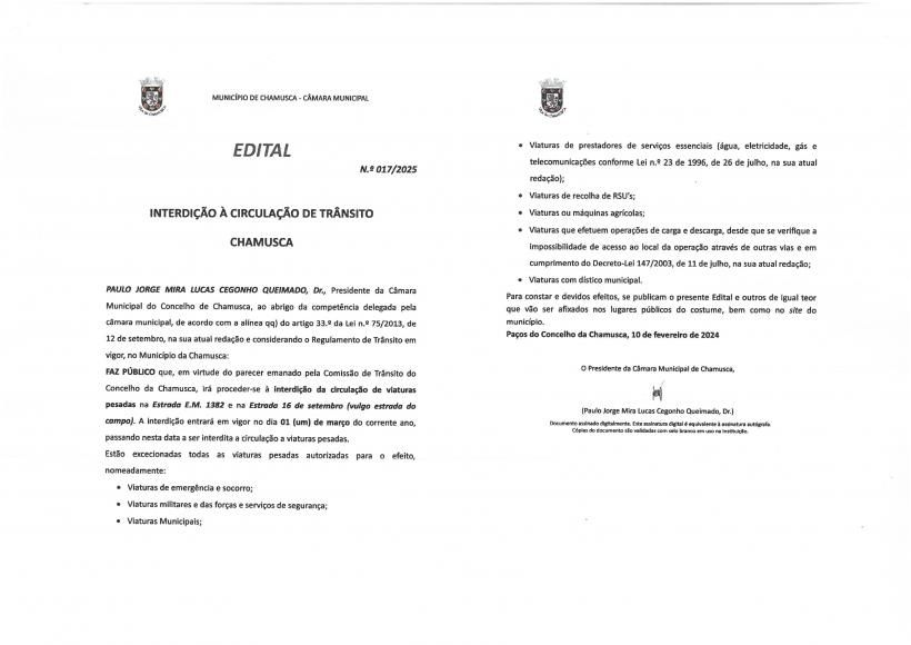 Edital n.&ordm; 017/2025 Munic&iacute;pio da Chamusca- Interdi&ccedil;&atilde;o &agrave; circula&ccedil;&atilde;o de tr&acirc;nsito Chamusca