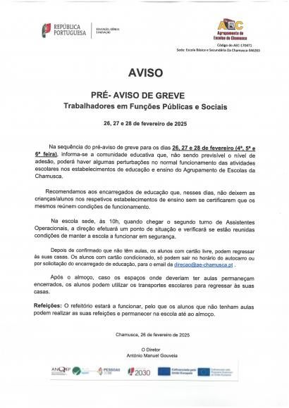 Informa&ccedil;&atilde;o de pr&eacute;-aviso de greve ( 26, 27 e 28 Fevereiro 2025)