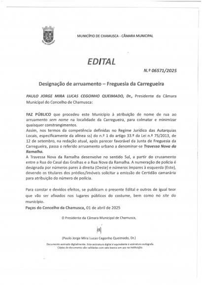 Edital n.&ordm; 06571/2025 Munic&iacute;pio da Chamusca ( designa&ccedil;&atilde;o de arruamento -  Freguesia da Carregueira)