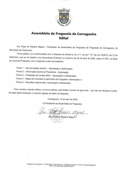 Edital Sess&atilde;o Ordin&aacute;ria da Assembleia de Freguesia 30/04/2025