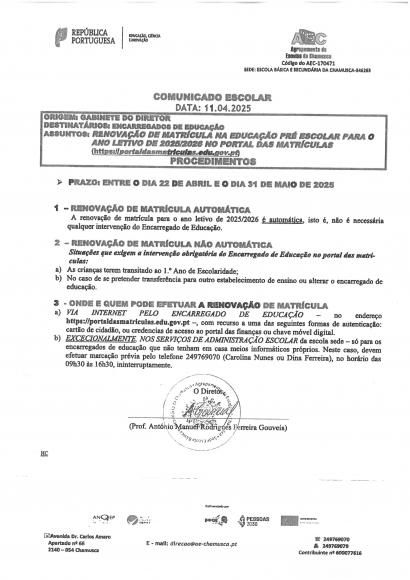 Renova&ccedil;&atilde;o de matricula na educa&ccedil;&atilde;o Pr&eacute; Escolar- ano letivo 2025/2026