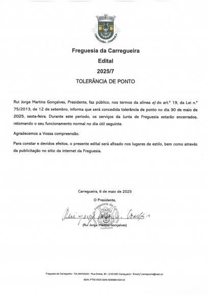 Edital 2025/7- toler&acirc;ncia de ponto 30 Maio 2025