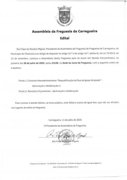 Edital Sess&atilde;o Extraordin&aacute;ria da Assembleia de Freguesia 28/07/2025