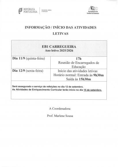 informa&ccedil;&atilde;o / inicio das atividades letivas EB1 Carregueira