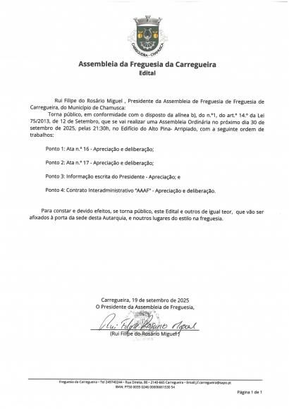 Edital Sessão Ordinária da Assembleia de Freguesia 30/09/2025