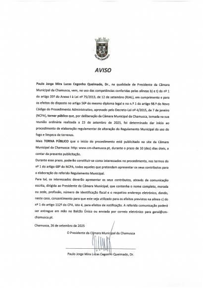 Município da Chamusca- Aviso alteração regulamentar do Regulamento Municipal do uso do fogo e limpeza de terrenos