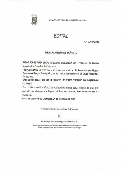 Edital- Encerramento de Trânsito ( Travessa do Irra) Carregueira