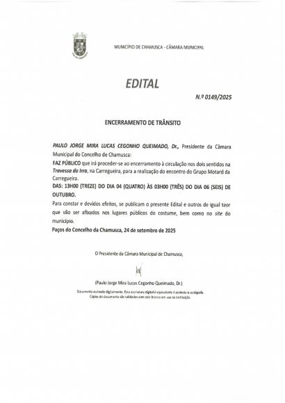 Edital- Encerramento de Trânsito ( Travessa do Irra) Carregueira Edital- Encerramento de Trânsito ( Travessa do Irra) Carregueira