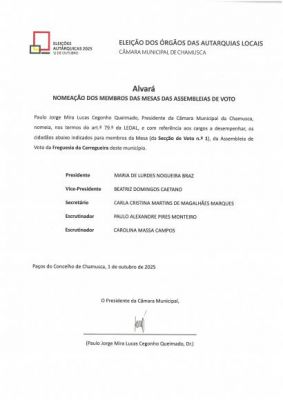 Alvará - nomeação dos membros das mesas das assembleias de voto- Freguesia da Carregueira - Mesa1