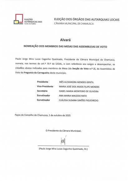 Alvará - nomeação dos membros das mesas das assembleias de voto- Freguesia da Carregueira - Mesa 2
