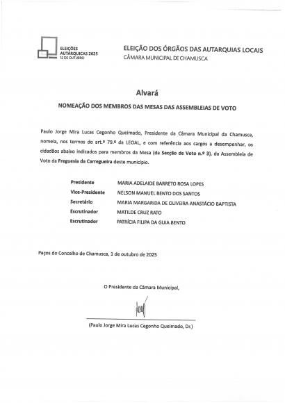 Alvará - nomeação dos membros das mesas das assembleias de voto- Freguesia da Carregueira - Mesa 3