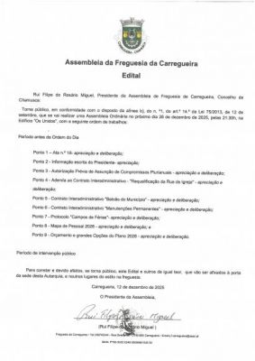 Edital Sess&atilde;o Ordin&aacute;ria da Assembleia de Freguesia 26/12/2025