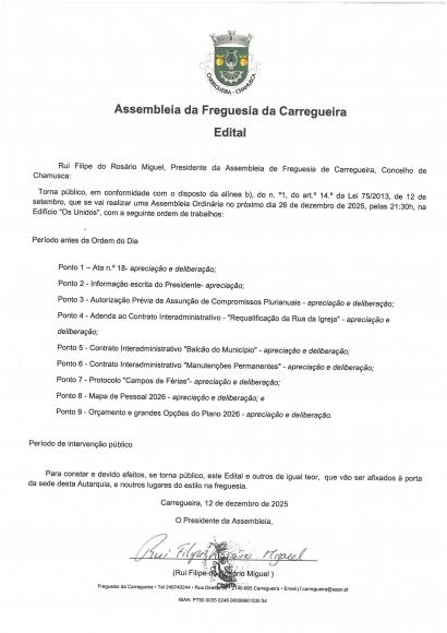 Edital Sess&atilde;o Ordin&aacute;ria da Assembleia de Freguesia 26/12/2025