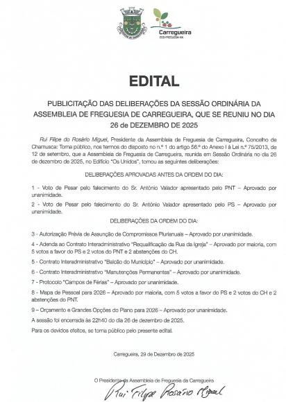 Edital- Delibera&ccedil;&otilde;es sess&atilde;o ordin&aacute;ria da Assembleia de Freguesia 26/12/2025