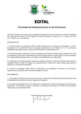 Edital- Concess&atilde;o de  Toler&acirc;ncia de ponto no dia de Carnaval 