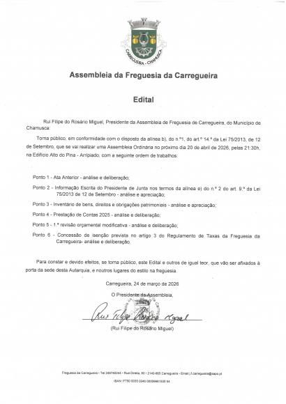 Edital Sess&atilde;o Ordin&aacute;ria da Assembleia de Freguesia 20/04/2026