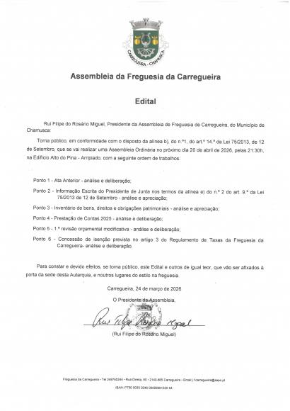 Edital Sess&atilde;o Ordin&aacute;ria da Assembleia de Freguesia 20/04/2026