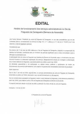 Edital- Hor&aacute;rio de funcionamento dos servi&ccedil;os administrativos no Dia da Freguesia da Carregueira ( Semana da Ascens&atilde;o)