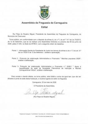 Edital Sess&atilde;o ordin&aacute;ria da Assembleia de Freguesia 09/06/2026