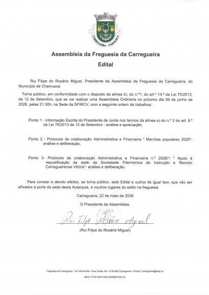 Edital Sess&atilde;o ordin&aacute;ria da Assembleia de Freguesia 09/06/2026