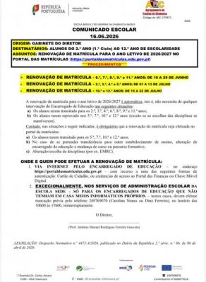 Comunicado escolar de 16/06/2026- Renova&ccedil;&atilde;o matr&iacute;cula