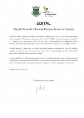 Edital- Altera&ccedil;&atilde;o reuni&atilde;o ordin&aacute;ria do executivo da Junta de Freguesia 