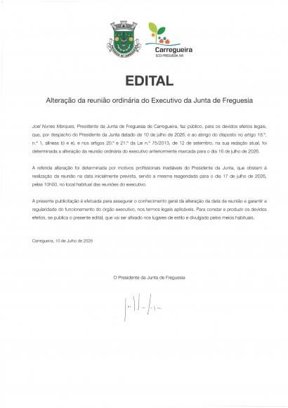 Edital- Altera&ccedil;&atilde;o reuni&atilde;o ordin&aacute;ria do executivo da Junta de Freguesia 
