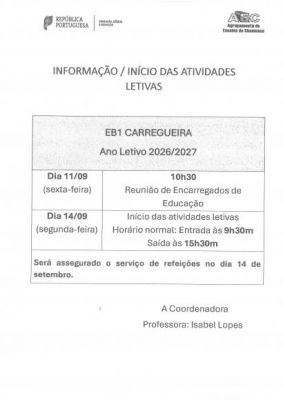 EB1 Carregueira- Informa&ccedil;&atilde;o/ Inicio das atividades letivas