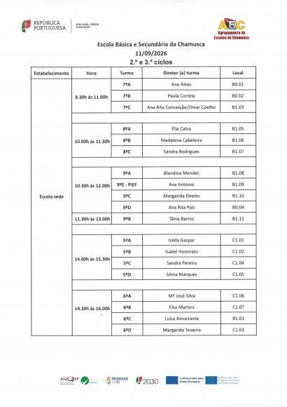 Agrupamento Escolas da Chamusca- Rece&ccedil;&atilde;o aos Alunos e Encarregados de Educa&ccedil;&atilde;o ( 2&ordm; e 3&ordm; Ciclos)- 11/09/2026