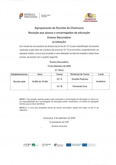 Agrupamento Escolas da Chamusca- Rece&ccedil;&atilde;o aos Alunos e Encarregados de Educa&ccedil;&atilde;o ( Ensino Secund&aacute;rio- 10&ordm; Ano)
