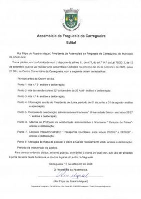 Edital Sess&atilde;o Ordin&aacute;ria da Assembleia de Freguesia 25/09/2026