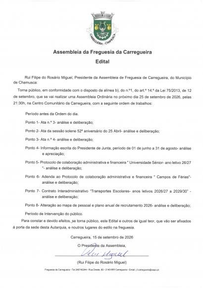 Edital Sess&atilde;o Ordin&aacute;ria da Assembleia de Freguesia 25/09/2026