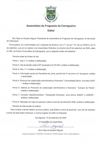 Edital Sess&atilde;o Ordin&aacute;ria da Assembleia de Freguesia 25/09/2026