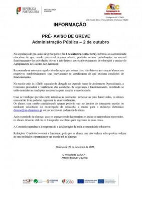 Aviso de greve da Administra&ccedil;&atilde;o P&uacute;blica  dia 02/10/2026- Agrupamento Escolas da Chamusca