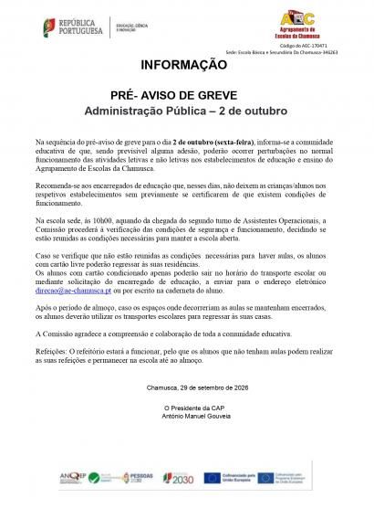 Aviso de greve da Administra&ccedil;&atilde;o P&uacute;blica  dia 02/10/2026- Agrupamento Escolas da Chamusca