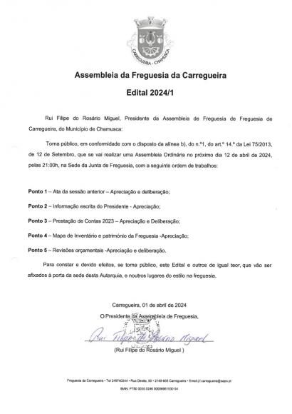 Edital Sess&atilde;o Ordin&aacute;ria da Assembleia Freguesia de 12-04-2024