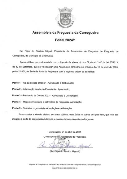 Edital Sessão Ordinária da Assembleia Freguesia de 12-04-2024 Edital Sessão Ordinária da Assembleia Freguesia de 12-04-2024