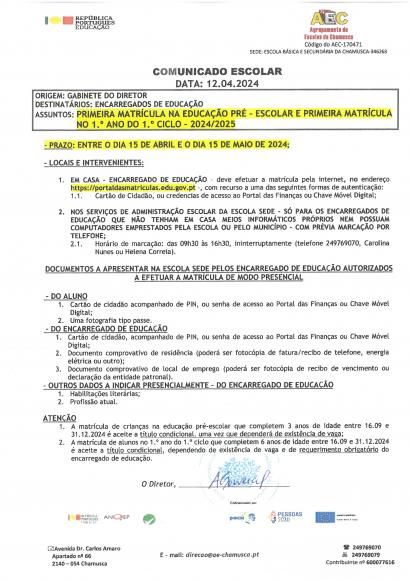 primeira matr&iacute;cula do 1&ordm; ciclo e do pr&eacute;-escolar para o ano letivo de 2024/25