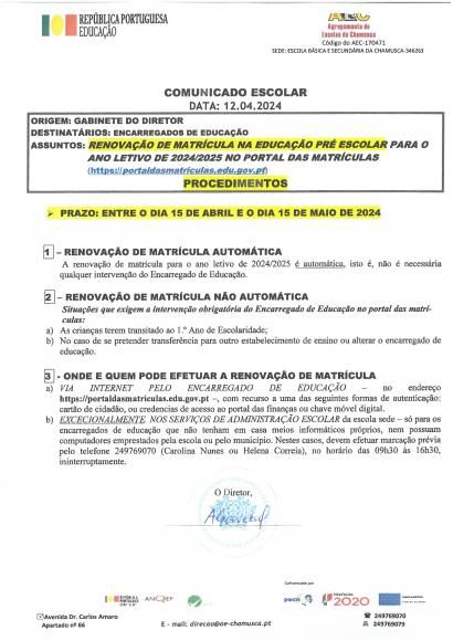 renova&ccedil;&atilde;o de matricula na educa&ccedil;&atilde;o pr&eacute;-escolar para o ano letivo de 2024/25 no portal das matriculas