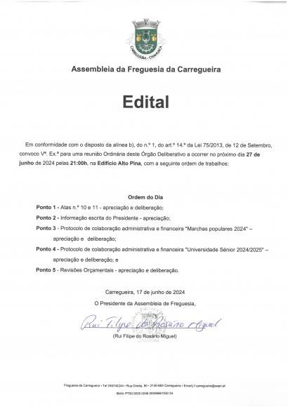 Sess&atilde;o Ordin&aacute;ria da Assembleia de Freguesia 27-06-2024