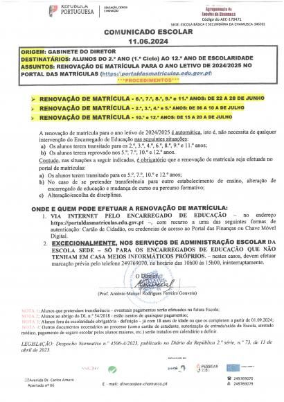 Renova&ccedil;&atilde;o de matricula para o ano lectivo 2024/2025- Agrupamento de Escolas da Chamusca