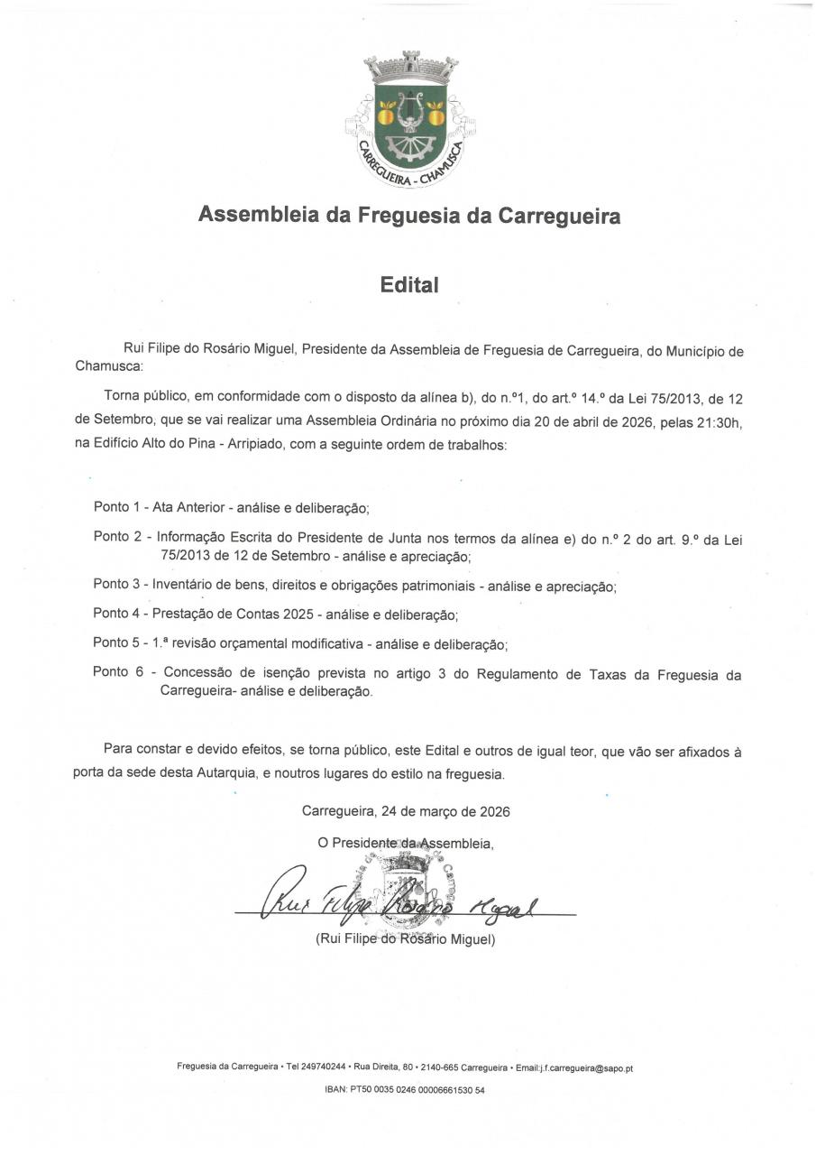 Edital Sess&atilde;o Ordin&aacute;ria da Assembleia de Freguesia 20/04/2026