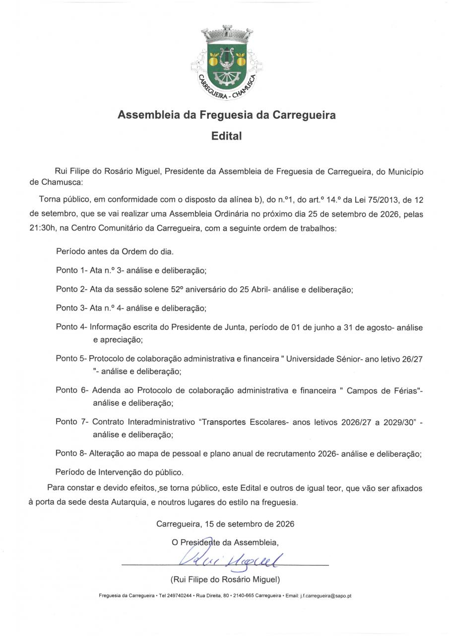 Sess&atilde;o Ordin&aacute;ria da Assembleia de Freguesia Carregueira