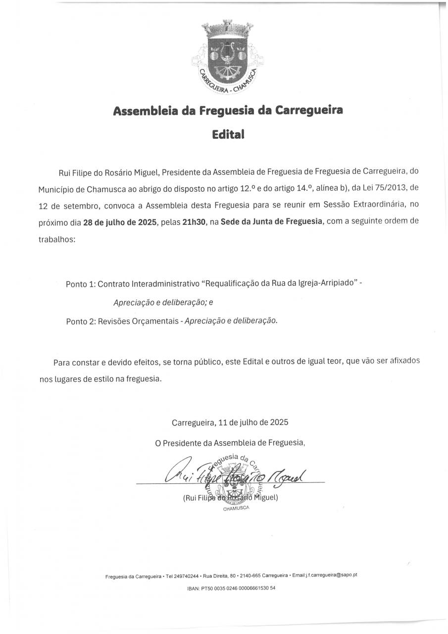 Edital Sessão Extraordinária da Assembleia de Freguesia 28/07/2025